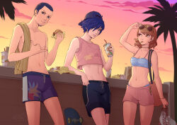 Rule 34 | 1girl, 2boys, adjusting eyewear, alternate costume, arm up, bag, bare shoulders, baseball cap, bikini, blue bikini, blue eyes, blue hair, blue shorts, brown eyes, brown hair, burger, choker, closed mouth, cloud, cloudy sky, collarbone, commentary, cowboy shot, crop top, cropped shirt, cup, disposable cup, drinking straw, english commentary, eyewear on head, facial hair, fast food, food, food in mouth, french fries, hair between eyes, hand gesture, hand up, hat, highres, holding, holding clothes, holding cup, holding food, holding footwear, iori junpei, looking at viewer, midriff, multiple boys, navel, omniformblue, outdoors, palm tree, parted lips, persona, persona 3, pink shirt, pink shorts, pink tank top, purple shorts, shirt, short hair, shorts, shoulder bag, skateboard, sky, sleeveless, sleeveless shirt, stomach, strapless, sunglasses, sunset, swept bangs, swimsuit, takeba yukari, tank top, tree, tube top, very short hair, yuuki makoto (persona 3)