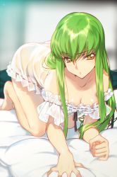 Rule 34 | 1girl, barefoot, bed sheet, breasts, c.c., cleavage, code geass, creayus, green hair, long hair, looking at viewer, lying, nightgown, pillow, solo, yellow eyes
