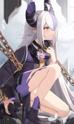 Rule 34 | 1girl, ahoge, black horns, black nails, braid, braided bangs, chain, coat, collar, commentary request, grey hair, highres, hololive, horns, la+ darknesss, la+ darknesss (1st costume), long hair, metal collar, multicolored hair, nail polish, pantyhose, pointy ears, purple coat, purple hair, single leg pantyhose, solo, streaked hair, striped horns, tears, thomas 8000, torn clothes, torn pantyhose, virtual youtuber, yellow eyes