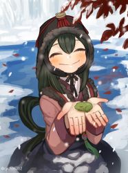 Rule 34 | 1girl, ^ ^, absurdres, asui tsuyu, blush, boku no hero academia, closed eyes, commentary request, closed eyes, frog, hair between eyes, hanbok, hat, highres, jacket, korean clothes, korean commentary, leaf, long hair, low-tied long hair, skirt, snow, sookmo