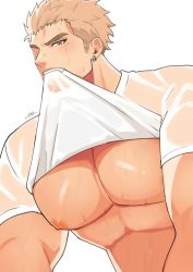 Rule 34 | 1boy, bara, bare pectorals, blonde hair, clothes in mouth, clothes lift, earrings, fang, harada (basashi), jewelry, large pectorals, lifted by self, looking at viewer, male focus, mole, mole under eye, mouth hold, muscular, muscular male, nipples, original, pectoral focus, pectorals, puffy chest, red eyes, see-through, shirt, shirt in mouth, shirt lift, short hair, sideburns, solo, sweat, thick eyebrows, underpec, upper body, v arms, wet, wet clothes, wet shirt, white background, white shirt