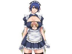 Rule 34 | 10s, 1girl, asagiri sachie, black thighhighs, blue hair, breasts, cleavage, collarbone, female focus, game cg, gloves, green eyes, large breasts, legs, looking at viewer, maid, maid headdress, sei shoujo, short hair, skirt, smile, solo, standing, starless, thighhighs, thighs, transparent background, white background, will (company), zettai ryouiki