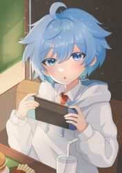 Rule 34 | 1boy, blue eyes, blue hair, burger, chair, chongyun (genshin impact), chongyun (gigo) (genshin impact), controller, cup, desk, drinking straw, food, french fries, game controller, genshin impact, hair between eyes, highres, holding, holding controller, holding game controller, hood, hoodie, long sleeves, looking at viewer, male focus, miuna gnip, necktie, nintendo switch, open mouth, red necktie, short hair, sitting, solo, white hoodie
