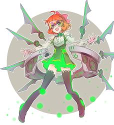 Rule 34 | 1girl, ahoge, commentary, dj, freckles, frilled shirt, frills, glowing, green eyes, iesupa, neon trim, orange hair, penny polendina, phonograph, rwby, shirt, solo, stereo, thighhighs, turntable, white background