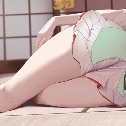Rule 34 | 1girl, close-up, frilled skirt, frills, good thighs day, highres, indoors, on floor, original, shaoviie, skirt, solo, thigh focus, thighs