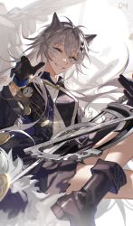 Rule 34 | 1girl, absurdres, animal ears, antenna hair, arknights, black footwear, black gloves, black shirt, blue eyes, boots, gloves, grey hair, grin, hair ornament, hairclip, highres, holding, holding sword, holding weapon, jewelry, lappland (arknights), lappland (refined horrormare) (arknights), looking at viewer, messy hair, n (songzi30017), necklace, official alternate costume, pocket watch, scar, scar across eye, sharp teeth, shirt, smile, solo, sword, teeth, watch, weapon, wolf ears, wolf girl