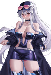 Rule 34 | 1girl, absurdres, azur lane, baseball cap, blush, breasts, choker, cleavage, closed mouth, collarbone, commentary request, copyright name, cowboy shot, enterprise (azur lane), enterprise (wind catcher) (azur lane), eternity (shadeh), eyewear on headwear, gloves, hair between eyes, hat, highres, jacket, large breasts, leotard, long hair, long sleeves, looking at viewer, navel, off shoulder, official alternate costume, open clothes, open jacket, partially fingerless gloves, ponytail, puffy long sleeves, puffy sleeves, purple choker, purple eyes, purple gloves, purple hat, purple leotard, purple skirt, silver hair, simple background, single glove, skirt, solo, standing, sunglasses, thighhighs, unzipped, very long hair, white background