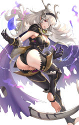 Rule 34 | 1girl, armor, ass, aura, barefoot, black armor, black panties, blush, breasts, cape, cleavage, corrin (dragon) (fire emblem), corrin (female) (fire emblem), corrin (fire emblem), corruption, corset, dark persona, facial mark, feet, fire emblem, fire emblem fates, from behind, gold trim, gonzarez, hairband, highres, large breasts, leotard, long hair, looking at viewer, looking back, nintendo, open mouth, panties, pointy ears, red eyes, shiny skin, slit pupils, soles, solo, stirrup legwear, tail, thighhighs, thighs, toeless legwear, torn cape, torn clothes, underwear, white background, white hair