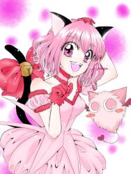 Rule 34 | 1990s (style), 1girl, animal ears, anmitsu is1, bell, bow, breasts, cat ears, cat girl, cat tail, dress, gloves, medium hair, mew ichigo, momomiya ichigo, pink eyes, pink hair, red bow, red gloves, retro artstyle, small breasts, smile, tail, tokyo mew mew