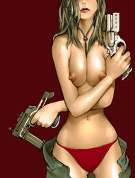 Rule 34 | 1girl, breasts squeezed together, breasts, clothes pull, crossed arms, gun, head out of frame, kaieda hiroshi, large breasts, light brown hair, long hair, navel, nipples, panties, panties only, pants, pants pull, red panties, skindentation, solo, standing, topless, underwear, underwear only, weapon