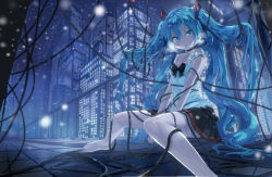 Rule 34 | 1girl, bad id, bad pixiv id, bare arms, bare shoulders, barefoot, blue eyes, blue hair, blurry, bow, breasts, building, cable, camisole, chemise, city lights, cleavage, depth of field, entangled, hair ornament, hatsune miku, long hair, looking at viewer, matching hair/eyes, mx2j, nail polish, night, off shoulder, pleated skirt, revision, shirt, sitting, skirt, skyscraper, small breasts, snowing, solo, strap slip, tile floor, tiles, toenail polish, toenails, twintails, unfragment (vocaloid), very long hair, vocaloid