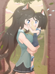 Rule 34 | 2girls, absurdres, animal ear fluff, animal ears, blue dress, blue eyes, blue footwear, blurry, blurry background, blush, brown hair, cat ears, cat tail, child, crying, depth of field, dress, eye contact, flying sweatdrops, from side, green shirt, highres, holding person, long hair, looking at another, mao lian (nekokao), medium hair, miniskirt, mother and daughter, multiple girls, open mouth, original, pleated skirt, profile, shirt, shoes, skirt, sleeveless, sleeveless shirt, standing, tail, tears, aina (mao lian), very long hair