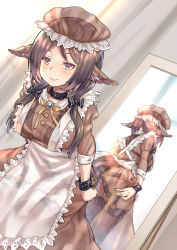 Rule 34 | 1girl, absurdres, alternate costume, animal ear fluff, animal ears, apron, arknights, black thighhighs, bondage outfit, brown eyes, brown hair, chinese commentary, commentary request, dress, enmaided, highres, looking at viewer, maid, maid apron, maid headdress, material growth, mirror, oripathy lesion (arknights), perfumer (arknights), see-through, see-through dress, sirills, smile, tail, thighhighs, twintails