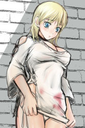 Rule 34 | 1girl, alternate costume, aobe, aqua eyes, bad id, bad pixiv id, blonde hair, blood, blouse, blue eyes, blush, breasts, capcom, choker, cleavage, clothes pull, colorized, demento, dress, dress pull, fiona belli, jewelry, large breasts, looking down, navel, panties, pantyshot, shirt, short hair, sketch, solo, underwear, unfinished, wall