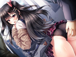 Rule 34 | 1girl, ass, ass grab, bag, black hair, black panties, blush, bow, cardigan, clothes lift, earrings, fang, grabbing another&#039;s ass, hair bow, hair ornament, hairclip, hasumi (hasubatake39), hetero, highres, jewelry, lace, lace-trimmed panties, lace trim, lips, long hair, looking at viewer, looking back, molestation, multiple boys, nail polish, off shoulder, open mouth, original, panties, pink nails, pink skirt, plaid, plaid skirt, public indecency, pussy juice, school bag, school uniform, shirt, skirt, skirt lift, solo focus, train interior, two side up, underwear, white shirt