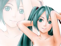 Rule 34 | adjusting hair, armpits, arms up, bad id, bad pixiv id, bare shoulders, green eyes, green hair, hatsune miku, long hair, migiri, nude, solo, twintails, vocaloid
