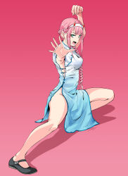Rule 34 | 1girl, albyee, alternate costume, arm up, bare legs, black footwear, blue dress, blunt bangs, braid, braided ponytail, breasts, china dress, chinese clothes, commentary, darling in the franxx, dress, english commentary, fighting stance, full body, gradient background, gradient dress, green eyes, hairband, hand up, horns, kung fu, legs, looking at viewer, martial arts, medium breasts, oni horns, open mouth, outstretched arm, pelvic curtain, pink background, red horns, shadow, side slit, sidelocks, signature, solo, white dress, white hairband, zero two (darling in the franxx)