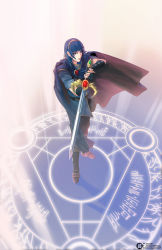 Rule 34 | 1boy, armor, blue eyes, blue hair, cape, falchion (fire emblem), fire emblem, fire emblem: mystery of the emblem, from above, full body, gloves, holding, holding sword, holding weapon, jisuart, looking at viewer, male focus, marth (fire emblem), nintendo, short hair, solo, standing, sword, tiara, two-handed, weapon