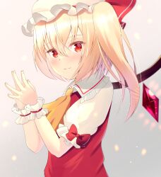 Rule 34 | 1girl, ascot, blonde hair, blush, closed mouth, collared shirt, crystal, flandre scarlet, frilled shirt collar, frilled sleeves, frills, from side, hair between eyes, hat, hat ribbon, highres, long hair, looking at viewer, looking to the side, mob cap, one side up, own hands together, puffy short sleeves, puffy sleeves, red eyes, red ribbon, red vest, ribbon, shirt, short sleeves, simple background, solo, steepled fingers, tako-san wiener (takosanuma), touhou, upper body, vest, white background, white hat, white shirt, wings, wrist cuffs, yellow ascot