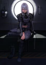 Rule 34 | 1girl, absurdres, ak-15 (girls&#039; frontline), barefoot, beeeeen, boots, feet, girls&#039; frontline, grey hair, hair over one eye, highres, long hair, looking at viewer, parted lips, purple eyes, shoes, soles, steam, sweat, tactical clothes, toes, unworn shoes