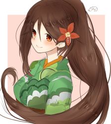 Rule 34 | 10s, 1girl, amagi (kancolle), bad id, bad twitter id, breasts, brown eyes, brown hair, close-up, female focus, flower, furisode, hair between eyes, hair flower, hair ornament, highres, japanese clothes, kantai collection, kimono, large breasts, long hair, looking at viewer, mole, mole under eye, nora (salatto), ponytail, smile, solo