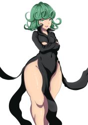 Rule 34 | 1girl, breasts, female focus, green eyes, green hair, highres, one-punch man, open mouth, oryutoo, small breasts, smile, tatsumaki, thick thighs, thighs, wide hips