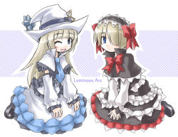 Rule 34 | alice (luminous arc), blonde hair, detached sleeves, dress, frills, hat, kneeling, kugelschreiber, long hair, luminous arc, ribbon, short hair, therese, wink, witch, witch hat