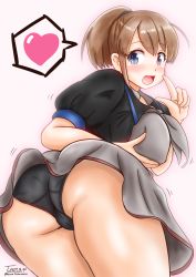 Rule 34 | :d, ass, black panties, black shirt, blue eyes, blush, breast lift, breasts, brown hair, cameltoe, dated, from behind, grey neckerchief, grey skirt, heart, highres, index finger raised, intrepid (kancolle), kantai collection, large breasts, lifting own clothes, looking at viewer, miniskirt, neckerchief, open mouth, panties, ponytail, shirt, short hair, signature, simple background, skirt, smile, solo, speech bubble, thighs, twitter username, underwear, ura tomomi, white background