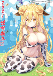 Rule 34 | 1girl, animal print, blonde hair, breasts, cow print, date a live, highres, hoshimiya mukuro, large breasts, long hair, nipples, tsubasaki