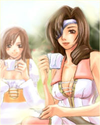 Rule 34 | 00s, 2girls, artist request, beatrix, beatrix (ff9), blush, breasts, brown eyes, brown hair, casual, cleavage, closed mouth, collarbone, cup, day, dress, eyepatch, facing viewer, final fantasy, final fantasy ix, garnet til alexandros xvii, hand up, hands up, happy, holding, holding cup, jacket, large breasts, light rays, long hair, looking at viewer, lowres, matching hair/eyes, multiple girls, one eye covered, outdoors, photoshop (medium), shirt, sitting, sleeveless, sleeveless shirt, smile, sunbeam, sunlight, table, tea, teacup, upper body