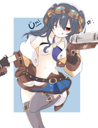 Rule 34 | bare shoulders, black hair, blue background, boots, bra, breasts, coat, gloves, goggles, gun, highres, long hair, moya 44444, navel, neptune (series), one eye closed, red eyes, ribbon, skirt, small breasts, smile, stomach, thighs, tongue, tsundere, twintails, two side up, underwear, uni (neptunia), weapon, wink