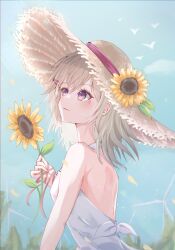 Rule 34 | 1girl, absurdres, backless dress, backless outfit, bare back, bare shoulders, bird, cloud, day, dress, facial mark, flower, from side, hair ornament, hairclip, halter dress, halterneck, hat, highres, komori met, light brown hair, looking up, outdoors, purple eyes, sky, solo, sowon (sowonhae), straw hat, sun hat, sundress, sunflower, triangle facial mark, virtual youtuber, vspo!, white dress, windmill