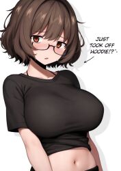Rule 34 | 1girl, aki (snale), arrow (symbol), black shirt, blush, borrowed character, breasts, brown eyes, brown hair, english text, glasses, highres, large breasts, looking at viewer, midriff, mikoscrub, navel, open mouth, original, shirt, short hair, short sleeves, simple background, solo, upper body, white background