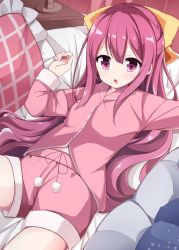 Rule 34 | 1girl, acchii (akina), alternate costume, bed, bed sheet, blush, buttons, commentary request, hair between eyes, hair ribbon, kamikaze (kancolle), kantai collection, long hair, long sleeves, open mouth, pajamas, pillow, pom pom (clothes), purple eyes, purple hair, ribbon, solo, yellow ribbon