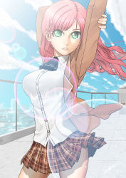 Rule 34 | 1girl, absurdres, arms up, ascot, bird, blue sky, breasts, brown jacket, cloud, contrapposto, dutch angle, eadgear, edogreed, fence, green eyes, highres, jacket, large breasts, lens flare, moe2019, original, pink hair, plaid, plaid skirt, rooftop, school uniform, shirt, skirt, sky, solo, stretching, uniform, wavy hair, white shirt, wind, wind lift
