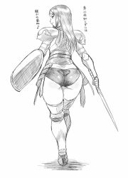 Rule 34 | 1girl, armor, ass, bikini armor, boots, curvy, dimples of venus, dr.p, fantasy, faulds, fraudir, freya (valkyrie profile), from behind, gauntlets, greaves, greyscale, holding, long hair, monochrome, panties, pauldrons, shadow, shield, shoulder armor, sidelocks, simple background, sketch, solo, standing, sword, thick thighs, thigh boots, thighhighs, thighs, translation request, trefoil, underwear, valkyrie profile (series), valkyrie profile 2: silmeria, walking, weapon, wide hips