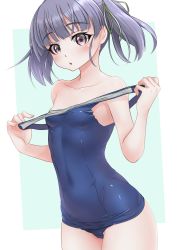 Rule 34 | 1girl, absurdres, alternate costume, blue one-piece swimsuit, breasts, collarbone, covered navel, cowboy shot, highres, kantai collection, makura (y makura), one-piece swimsuit, ooshio (kancolle), purple eyes, purple hair, school swimsuit, short twintails, small breasts, solo, swimsuit, twintails