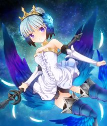 Rule 34 | 1girl, arm warmers, armor, armored dress, bad id, bad pixiv id, blue background, boots, braid, choker, dress, expressionless, feathers, french braid, gwendolyn (odin sphere), hair bun, multicolored wings, odin sphere, pteruges, purple eyes, ratryu, short hair, single hair bun, skirt, solo, strapless, strapless dress, thigh boots, thighhighs, wand, white hair, wings