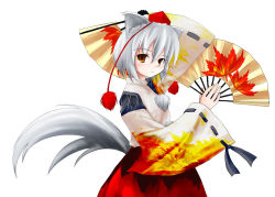 Rule 34 | 1girl, animal ears, brown eyes, detached sleeves, dual wielding, female focus, folding fan, hand fan, hat, holding, inubashiri momiji, japanese clothes, leaf print, long sleeves, looking at viewer, orange eyes, pom pom (clothes), ribbon-trimmed sleeves, ribbon trim, short hair, silver hair, simple background, solo, tail, tassel, tokin hat, touhou, tsubasa (abchipika), white background, wolf ears, wolf tail