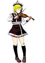 Rule 34 | 1girl, ;), absurdres, black skirt, blonde hair, frilled shirt collar, frilled skirt, frills, full body, hat, highres, instrument, kneehighs, long sleeves, looking at viewer, lunasa prismriver, mushroom (osh320), music, one eye closed, playing instrument, short hair, simple background, skirt, smile, socks, solo, touhou, violin, white background