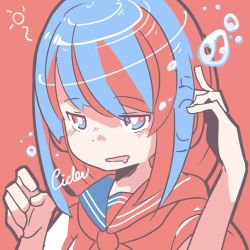 Rule 34 | 1girl, blue eyes, blue hair, blue sailor collar, bubble, hands up, haru57928031, headphones, limited palette, long hair, multicolored eyes, neckerchief, original, portrait, red background, red eyes, sailor collar, simple background, solo