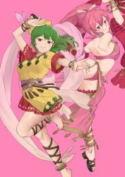 Rule 34 | 2girls, bare shoulders, blush, bow, bracelet, commission, cosplay, costume switch, dancer, dress, ebinku, embarrassed, fire emblem, fire emblem: genealogy of the holy war, fire emblem: mystery of the emblem, fire emblem heroes, green eyes, green hair, grin, hair bow, highres, jewelry, leg up, lene (fire emblem), lene (fire emblem) (cosplay), long hair, looking at viewer, multiple girls, nintendo, pelvic curtain, phina (fire emblem), phina (fire emblem) (cosplay), pink background, pink eyes, pink hair, ponytail, revealing clothes, short dress, short sleeves, shoulder blades, simple background, smile, thigh strap, very long hair