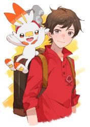 Rule 34 | 1boy, animal ears, backpack, bag, brown eyes, brown hair, clothed pokemon, collarbone, collared shirt, creatures (company), game freak, gen 8 pokemon, highres, hinata (ryohinata), looking at viewer, male focus, nintendo, open mouth, pokemon, pokemon (creature), pokemon swsh, rabbit ears, red shirt, scorbunny, shirt, smile, twitter username, upper body, victor (pokemon)