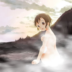 Rule 34 | 1girl, absurdres, back, bad id, bad pixiv id, brown eyes, brown hair, censored, convenient censoring, flat chest, highres, looking back, nude, onsen, original, pfu, satou kou, short hair, smile, solo, steam, steam censor, towel, water