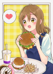 Rule 34 | 1girl, absurdres, artist name, artist request, blouse, blue pants, blush, border, breasts, brown eyes, brown hair, burger, checkered background, close-up, collarbone, cup, drinking cup, female focus, food, french fries, hair between eyes, heart, highres, holding, holding food, kunikida hanamaru, light brown hair, long hair, looking at viewer, love live!, love live! sunshine!!, mcdonald&#039;s, nail, nail polish, open mouth, pants, parted lips, pink nails, pink nails, shirt, short sleeves, small breasts, smile, solo, speech bubble, table, white background, white border, white shirt, yellow eyes