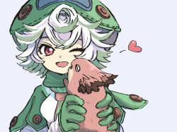 Rule 34 | 1girl, aramosaurus, blush, gloves, green gloves, green headwear, green scarf, heart, highres, looking at viewer, made in abyss, meinya (made in abyss), one eye closed, prushka, red eyes, scarf, short hair, sketch, smile, solo, upper body, white hair