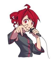 1girl :o ahoge black_shirt black_sleeves collared_shirt cropped_torso detached_sleeves drill_hair fingernails hair_between_eyes holding holding_microphone kasane_teto looking_at_viewer microphone parted_bangs rapping red_eyes red_hair red_track_suit shirt side_drill simple_background sleeveless sleeveless_shirt solo utau w white_background wing_collar yasutange