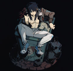 Rule 34 | 1boy, black background, black hair, blue footwear, bomber jacket, bouquet, brown jacket, closed mouth, commentary request, dog, expressionless, flower, full body, highres, in trash can, itou kaiji, jacket, kaiji, long hair, long sleeves, looking to the side, male focus, nipples, no shirt, open clothes, open jacket, pants, red flower, red rose, rose, shoes, sidelocks, sitting, sneakers, solo, trash bag, trash can, wanted, white pants, yi guo xigua tong
