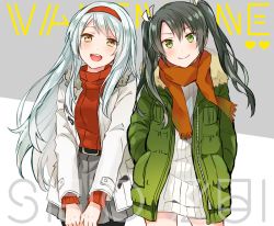 Rule 34 | 2girls, anbutter siruko, belt, black legwear, blush, breasts, casual, closed mouth, commentary request, dress, fur trim, green eyes, grey hair, hair between eyes, hair ribbon, hairband, headband, jacket, kantai collection, long hair, looking at viewer, medium breasts, multiple girls, open mouth, ribbon, scarf, shoukaku (kancolle), simple background, skirt, smile, standing, sweater, sweater dress, twintails, white hair, white ribbon, yellow eyes, zuikaku (kancolle)