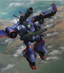 Rule 34 | cloud, d-2, flying, gun, highres, holding, holding gun, holding weapon, kikou senki dragonar, looking to the side, mecha, mechanical wings, no humans, official alternate costume, open hand, robot, ryukow masseau, science fiction, shoulder cannon, solo, visor, weapon, wings
